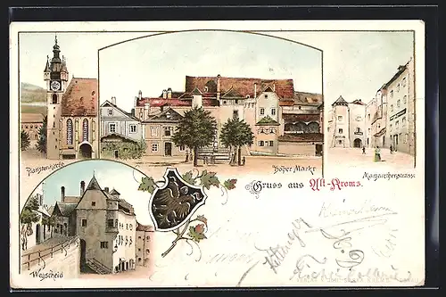 Lithographie Krems, Margarethenstrasse, Piaristenkirche, Wegscheid, Wappen