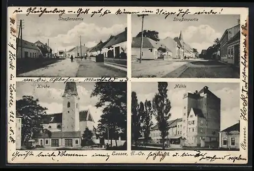 AK Lassee, Strassenpartie, Kirche, Ansicht der Mühle