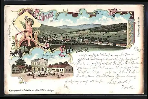 Lithographie Laab am Walde, Weissenberger`s Gasthof, Blick auf den Ort