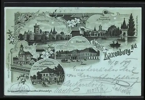 Lithographie Laxenburg, Russins Restaurant, Blauer Hof, Franzensburg