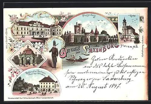 Lithographie Laxenburg, Grünes Lusthaus, Gasthaus Blauer Hof, Franzensburg