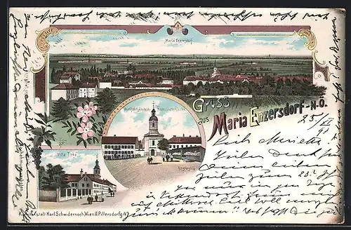 Lithographie Maria Enzersdorf, Totalansicht, Villa Tirka, Wallfahrtskirche