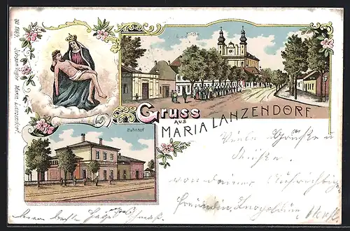 Lithographie Maria-Lanzendorf, Kirche, Bahnhof, Gnadenbild