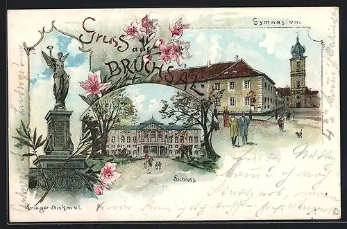 Lithographie Bruchsal, Schloss, Gymnasium und Kriegerdenkmal