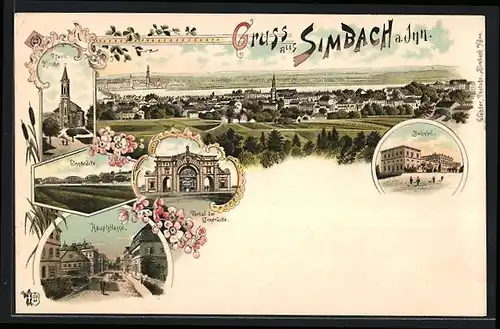 Lithographie Simbach, Bahnhof, Portal der Innbrücke, Hauptstrasse, Pfarrkirche, Innbrücke, Gesamtansicht