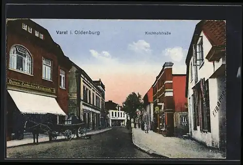 AK Varel i. Oldenburg, Kirchhofstrasse mit Geschäften