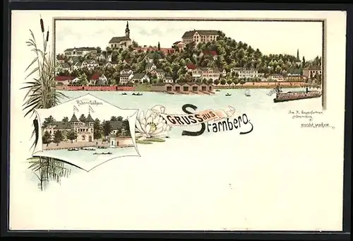 Lithographie Starnberg, Uferpartie mit Kirche, Ruderclubhaus