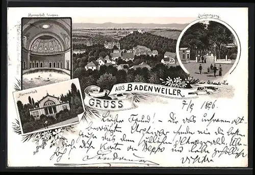 Lithographie Badenweiler, Gesamtansicht & Marmorbad mit Innenansicht