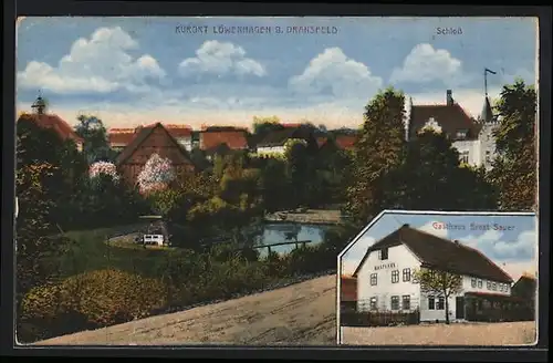 AK Löwenhagen b. Dransfeld, Gasthaus Ernst Sauer, Ortspartie mit Schloss