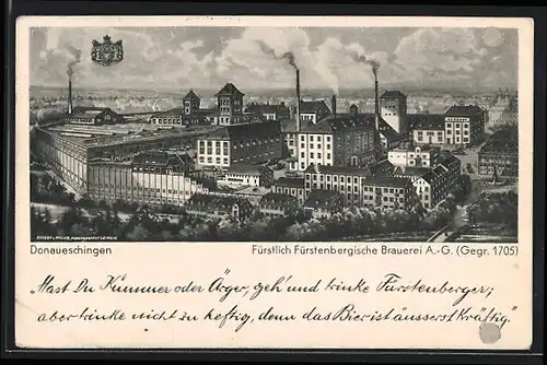 AK Donaueschingen, Ansicht der Fürstlich Fürstenbergischen Brauerei A.-G., Gegr. 1705