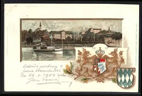 Passepartout-Lithographie Starnberg, Uferpartie mit Dampfer, Wappen