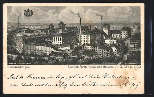 AK Donaueschingen, Ansicht der Fürstlich Fürstenbergischen Brauerei A.-G., Gegr. 1705