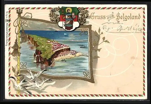 Passepartout-Lithographie Helgoland, Gesamtansicht mit Wappen