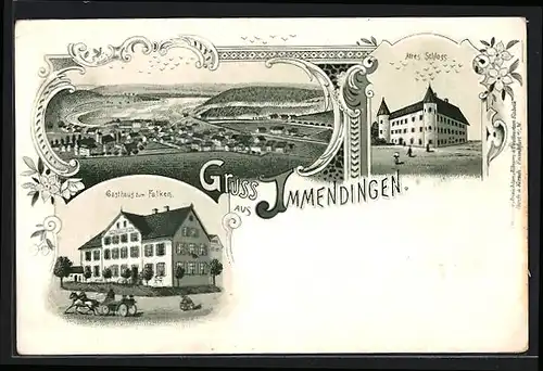 Lithographie Immendingen, Gasthaus zum Falken, Altes Schloss, Teilansicht