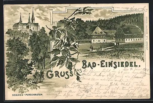 Lithographie Bad Einsiedel, Schloss Purchenstein, Ortspartie