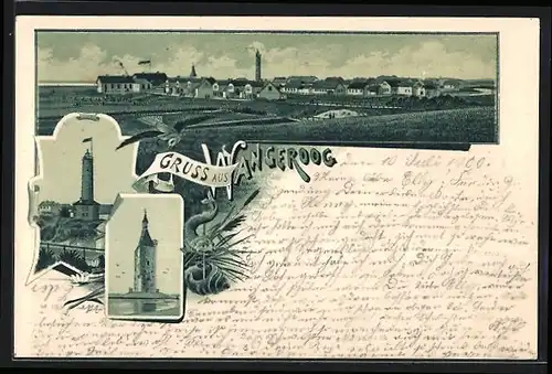 Lithographie Wangeroog, Teilansicht, Leuchtturm, Turm