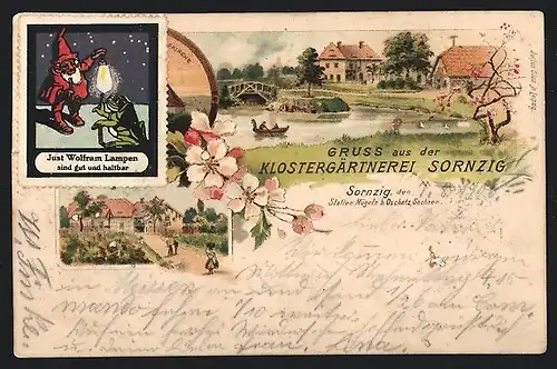 Lithographie Sornzig, Klostergärtnerei, Ortspartie