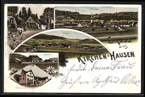 Lithographie Kirchen-Hausen, Handlung von J. Binder, Bahnhof, St. Antonius Kapelle