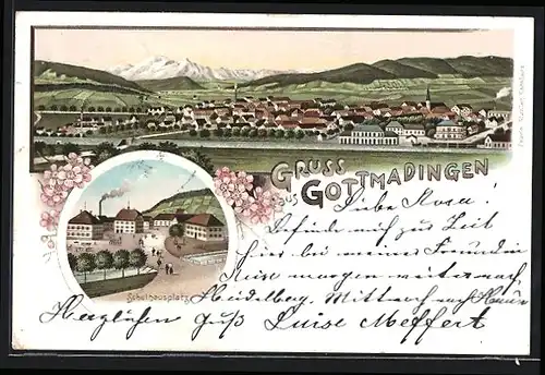 Lithographie Gottmadingen, Schulhausplatz aus der Vogelschau, Ortsansicht