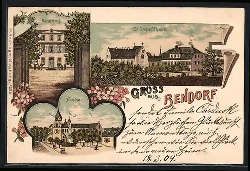 Lithographie Bendorf, St. Josefshaus, Kirche, Eingang