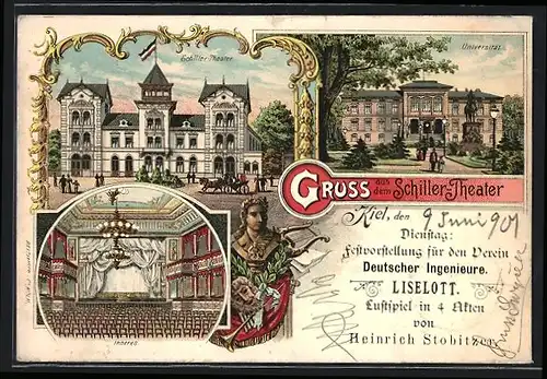 Lithographie Kiel, Schiller-Theater, Festvorstellung für den Verein Deutscher Ingenieure Liselott, Universität