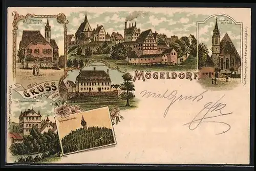 Lithographie Mögeldorf, Doktorschlösschen, Schmausenbuck, Ostseite der Kirche