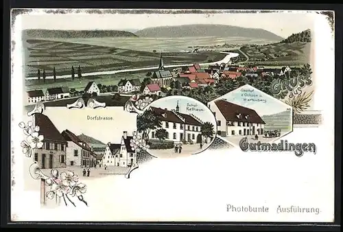 Lithographie Gutmadingen, Gasthof zum Ochsen u. Wartenberg, Schul- u. Rathaus, Dorfstrasse