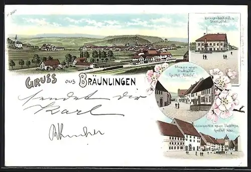 Lithographie Bräunlingen, Gasthof Adler mit Strassenpartie und Stadttor, Gasthof Rössle mit Strassenpartie und Stadtspital