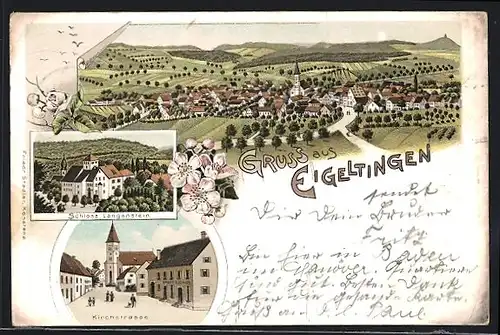 Lithographie Eigeltingen, Kirchstrasse mit Gasthaus Amand Bächler, Schloss Langenstein