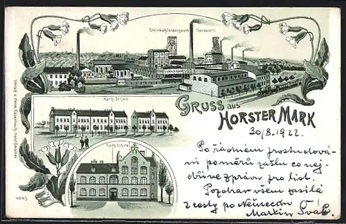 Lithographie Horster Mark, Kath. Schule, Steinkohlenbergwerk Nordstern