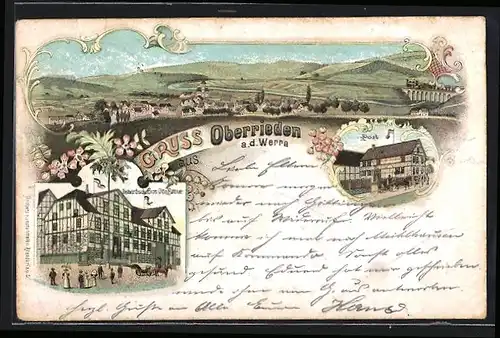 Lithographie Oberrieden a. d. Werra, Gasthof von Otto Büttner, Post