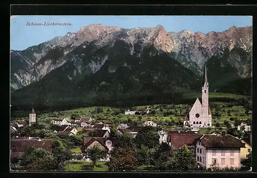 AK Schaan, Panorama mit Kirche und Gebirge