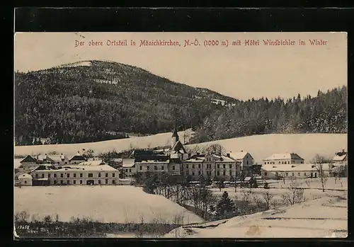 AK Mönichkirchen, Oberer Ortsteil mit Hotel Windbichler im Winter