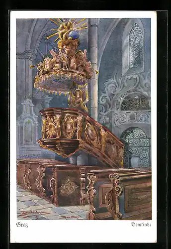 Künstler-AK Graz, Domkirche, Innenansicht