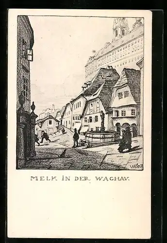 Künstler-AK Ulf Seidl: Melk an der Donau, Motiv aus der Stadt