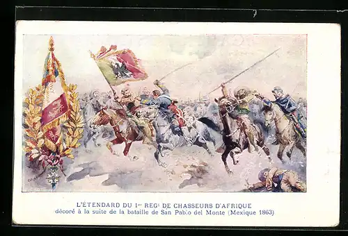 Künstler-AK L`Etendard du 1er Reg. De Chasseurs D`Afrique, die Kavallerie reitet ins Gefecht