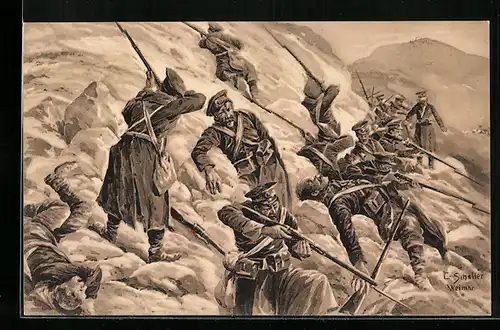 Künstler-AK Eingeschlossene russische Abteilung in den Karpathen, Der grosse Krieg 1914 /15