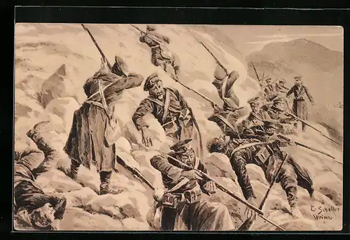 Künstler-AK Eingeschlossene russische Abteilung in den Karpathen