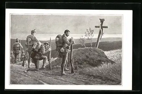 AK Österreichische Soldaten beten am einsamen Kriegsgrab am Strassenrand