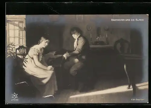 Künstler-AK Beethoven spielt für die blinde Frau am Klavier
