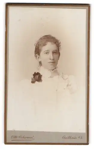 Fotografie Otto Ochernal, Geithain i. S., Bahnhofstr., Dame im Kleid mit Rosenbrosche