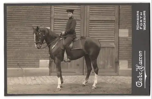 Fotografie Gebr. Harren, Nürnberg, Soldat Fritz Leiss in Uniform Rgt. 8 auf seinem Pferd, 1905