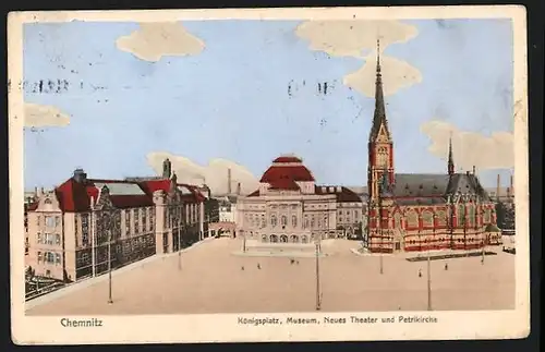 AK Chemnitz, Königsplatz mit Museum, Neuem Theater und Petrikirche