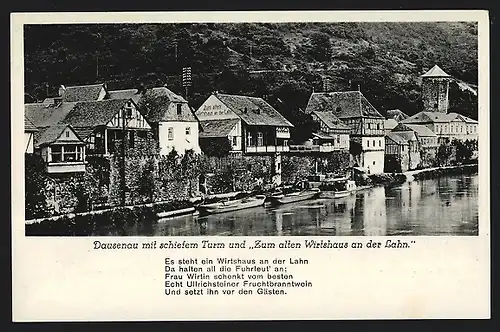 AK Dausenau, Panorama mit schiefem Turm und Gasthof Wirtshaus an der Lahn