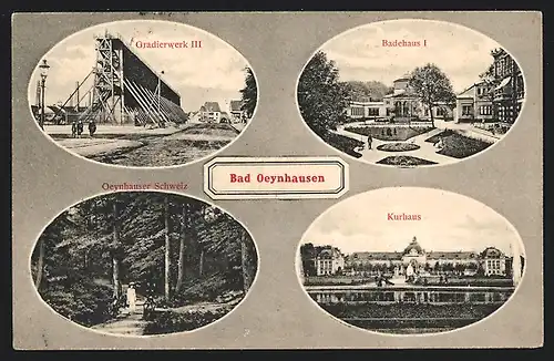 Passepartout-AK Bad Oeynhausen, Badehaus I, Kurhaus, Gradirwerk III