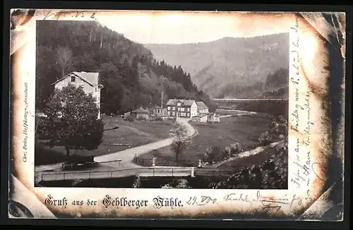 AK Gehlberger Mühle, Ortsansicht aus der Vogelschau, mit Brücke