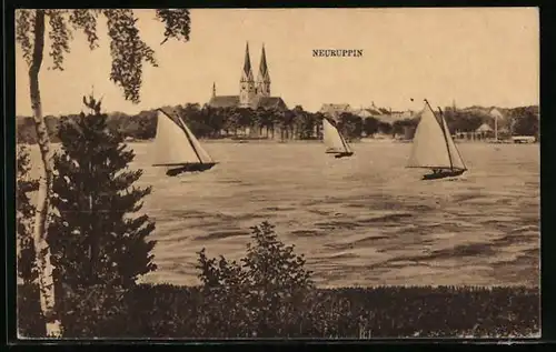 AK Neuruppin, Teilansicht mit Kirche und Segelbooten