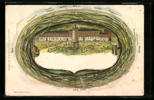 Lithographie Brocken, Bergansicht mit beiliegenden Orten