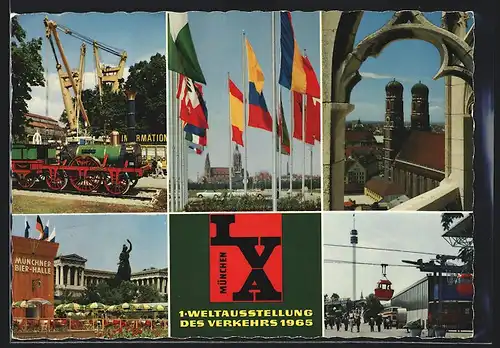 AK München, 1. Weltausstellung des Verkehrs 1965, Münchner Bierhalle, Bergbahn, Lokomotive Der Adler
