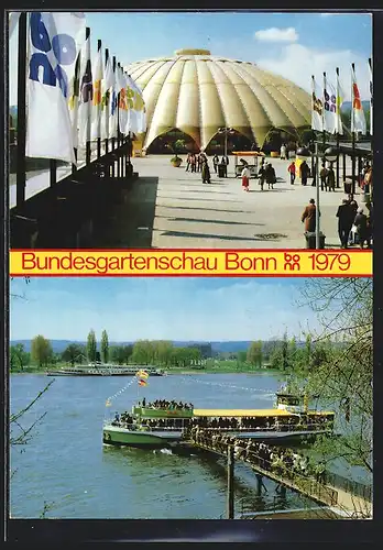 AK Bonn-Beuel, Bundesgartenschau 1979, Eingang mit Kuppelhalle, Fähranleger, Im Hintergrund Schiffsrestaurant
